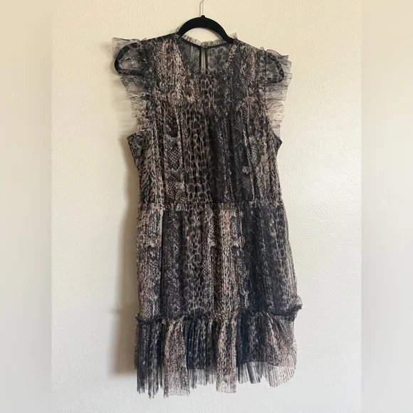 All Saints Perri Noche Animal Print Cap Sleeve Ruffle Mesh Minidress XL *flawed* - Picture 4 of 11